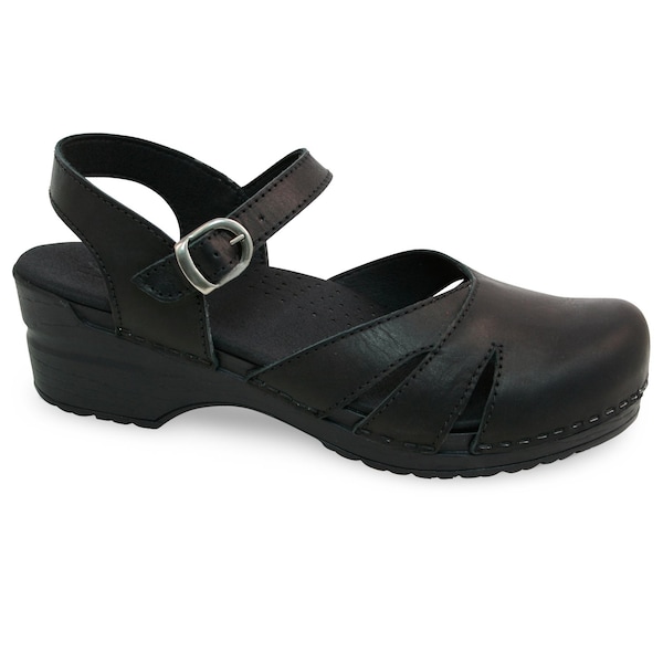 Sandal, Waxed Leather Upper, Polyurethane Outsole, Black, Size 10.5-11 M